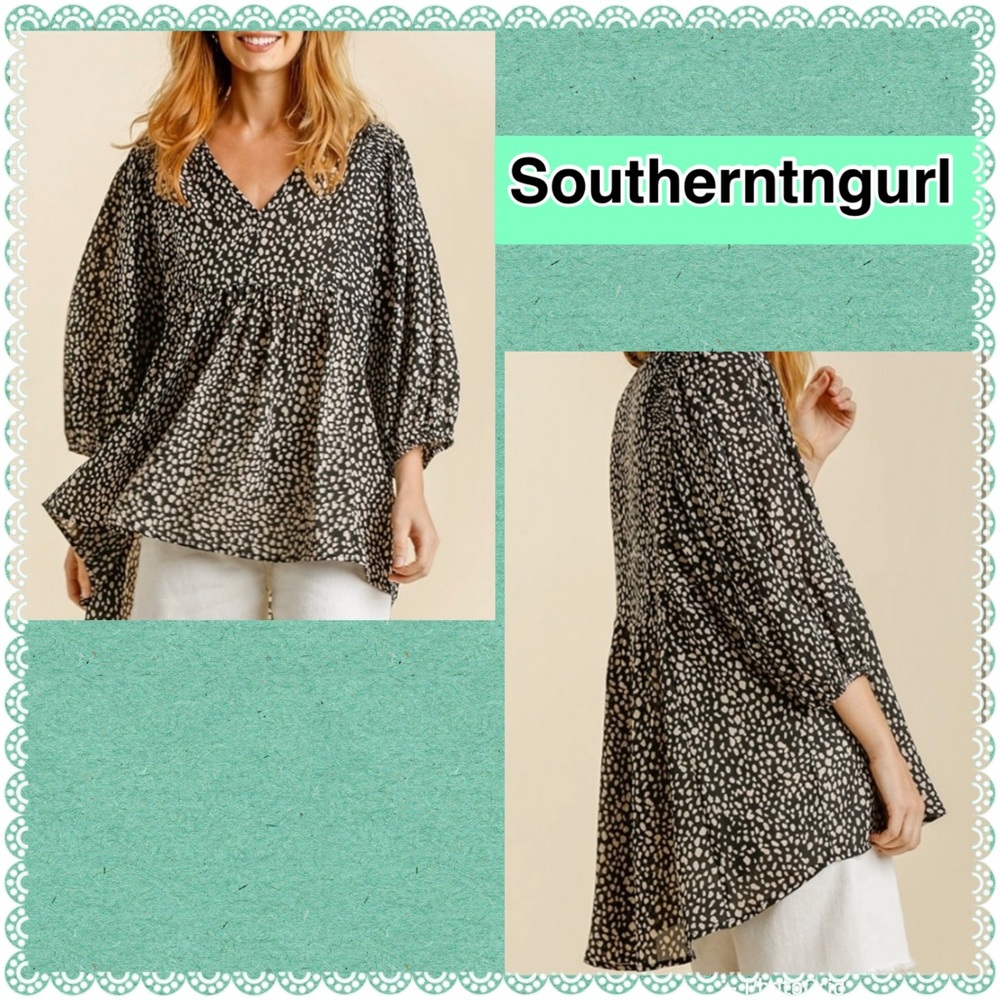 NWT UMGEE Animal print Oversized V Neck Babydoll Top/ Blouse